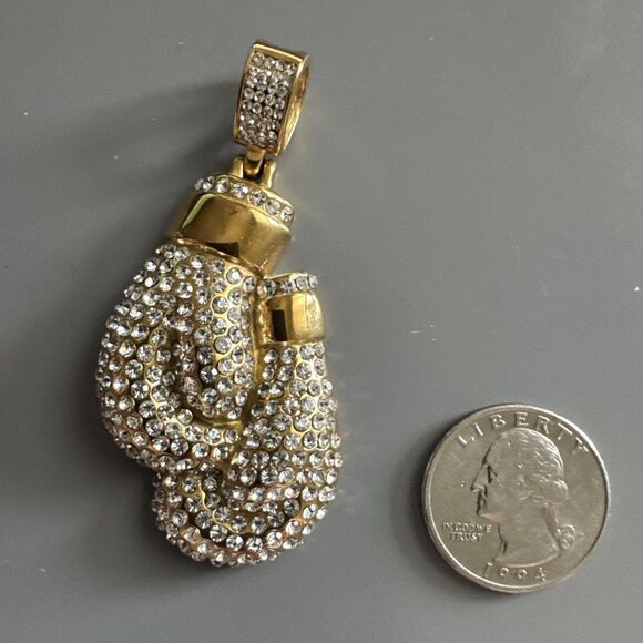 Boxing Gloves Pendant Gold Plated Stainless Steel 24 Inch Chain Zirconia Boxer - Picture 3 of 6